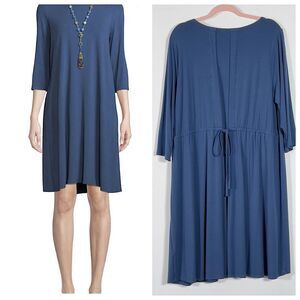 Eileen Fisher Jersey Back Tie Waist Shift Dress Sz 2X Blue 3/4 Sleeves